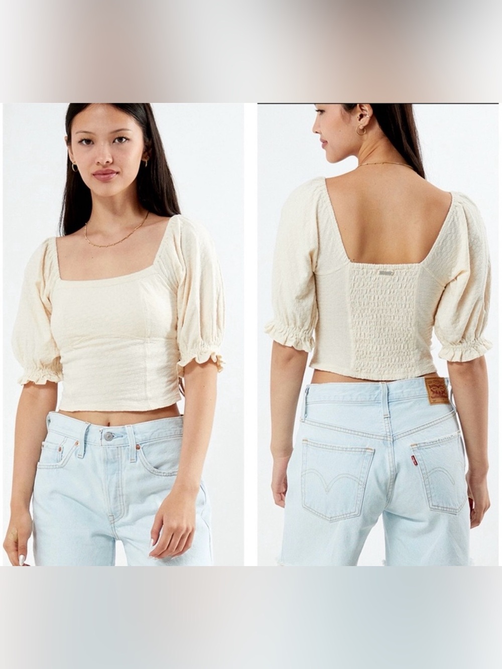 Billabong XS Square Neck Puff Sleeve Smocked Crop Top Cream